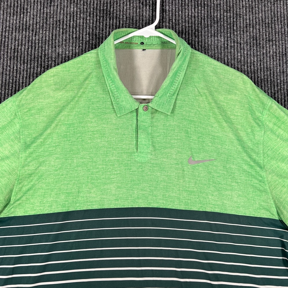 Nike Tiger Woods Polo Mens Large Green Striped Short Sleeve Golf Outdoor